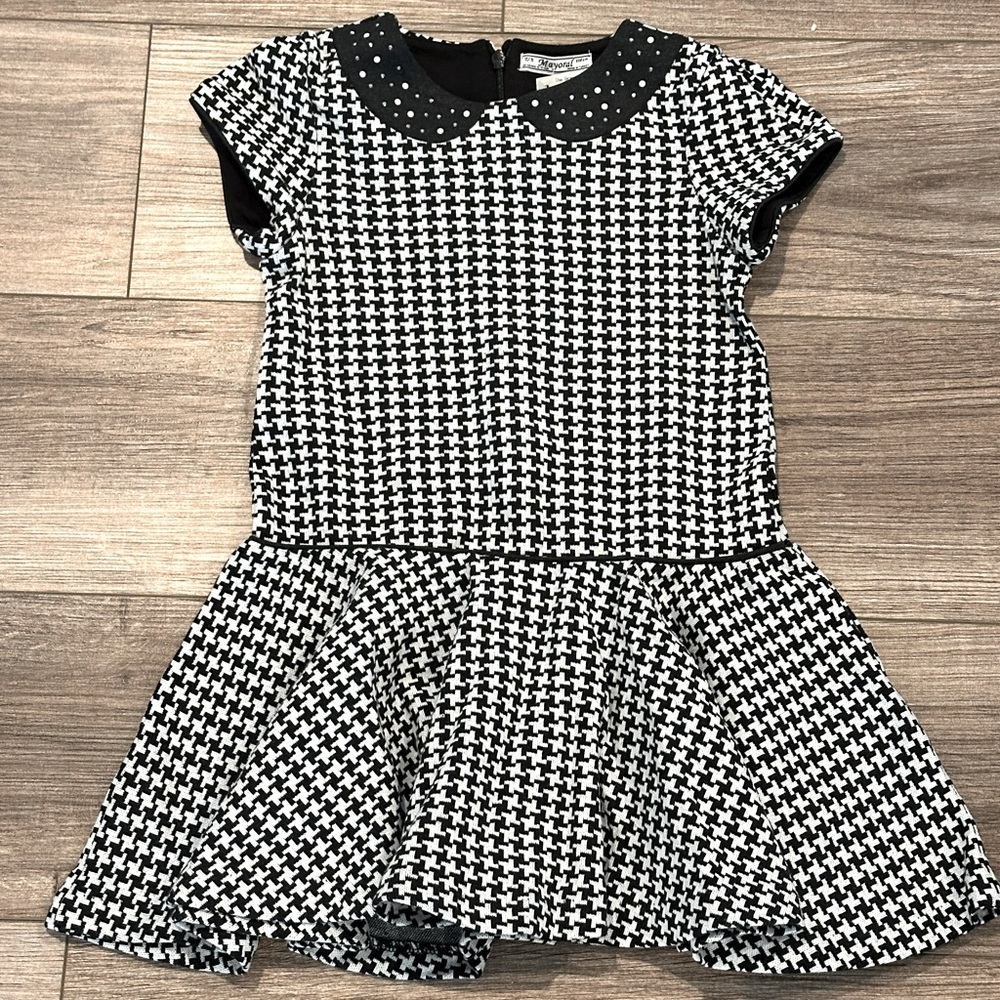 NWT! Mayoral Girls 5 Houndstooth Peter Pan Sparkle Collar Ruffle Hem Dress